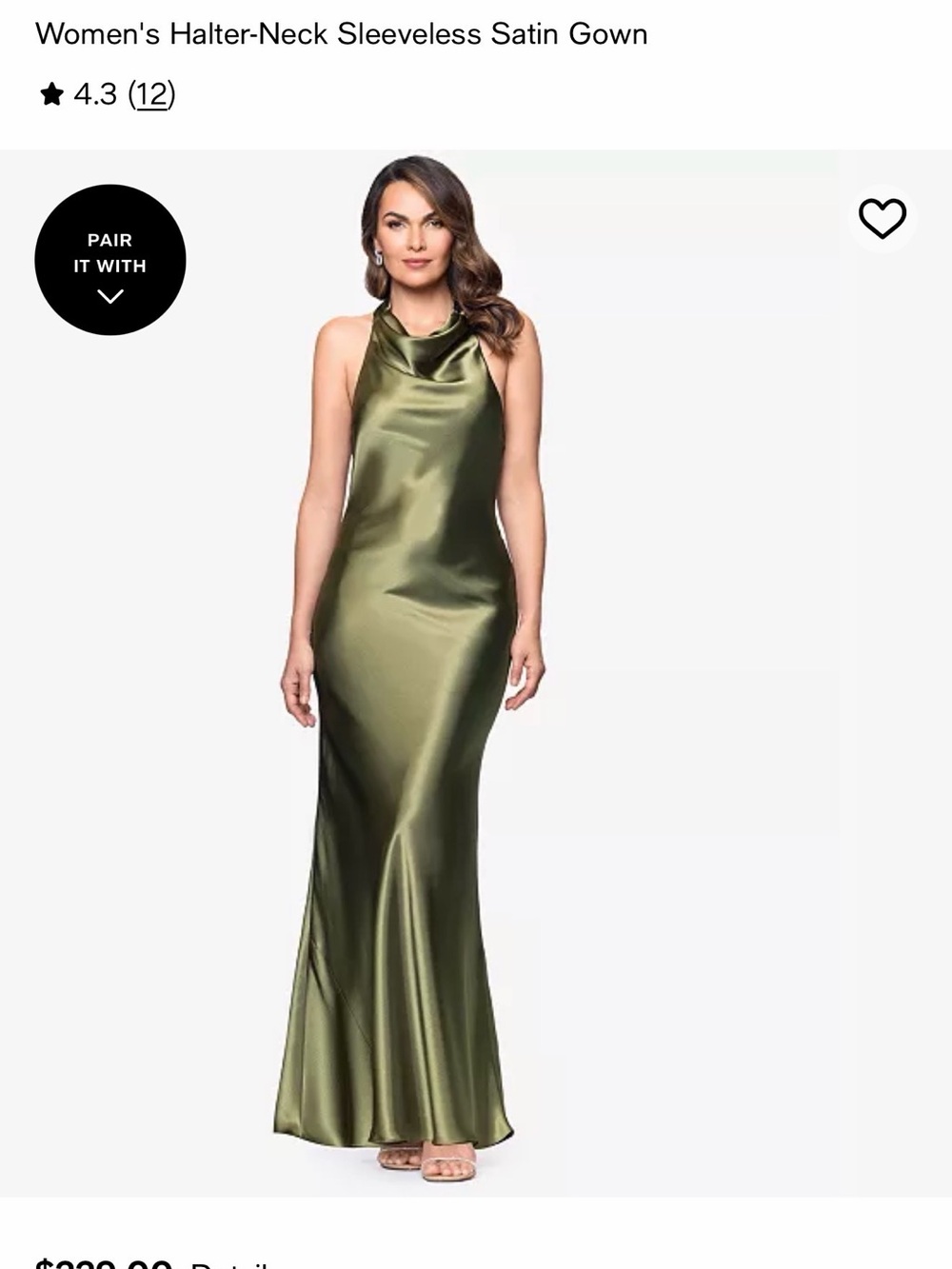 Betsy & Adam Olive Green Halter-Neck Satin Maxi Gown